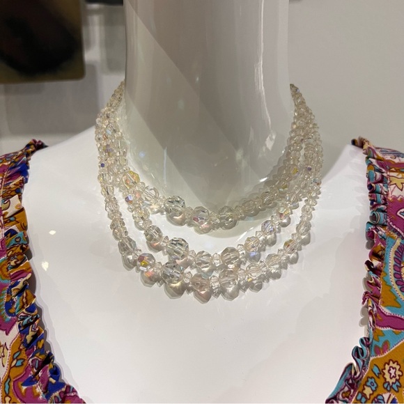 Vintage 1950’s Aurora Borealis Beaded Necklace Crystal Glass Faceted Tri-Strand - Picture 2 of 10